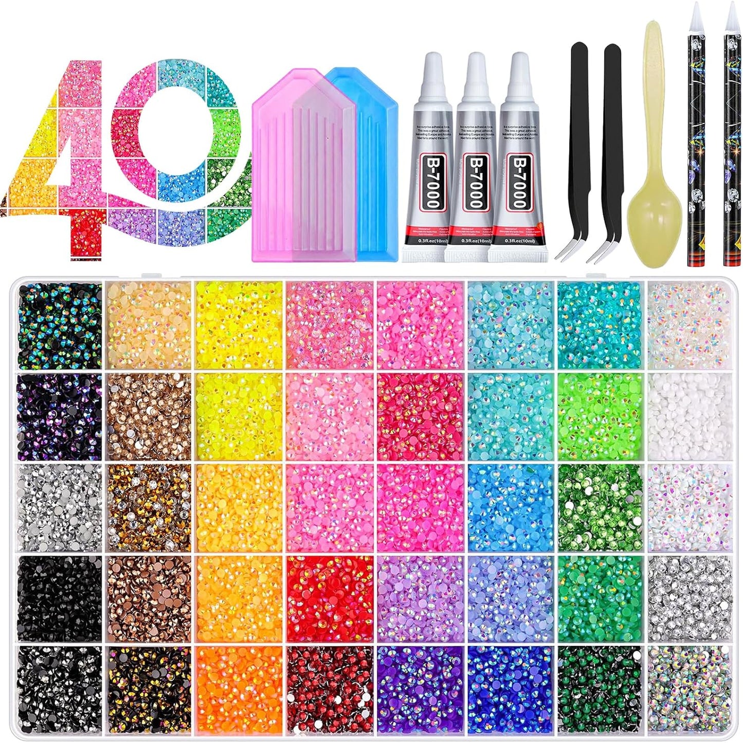 Jelly Rhinestones 36000 Pcs - 40 Colors 3MM Bedazzling Kit with 3Pcs 10ml B7000 | Diamond Art Accessories