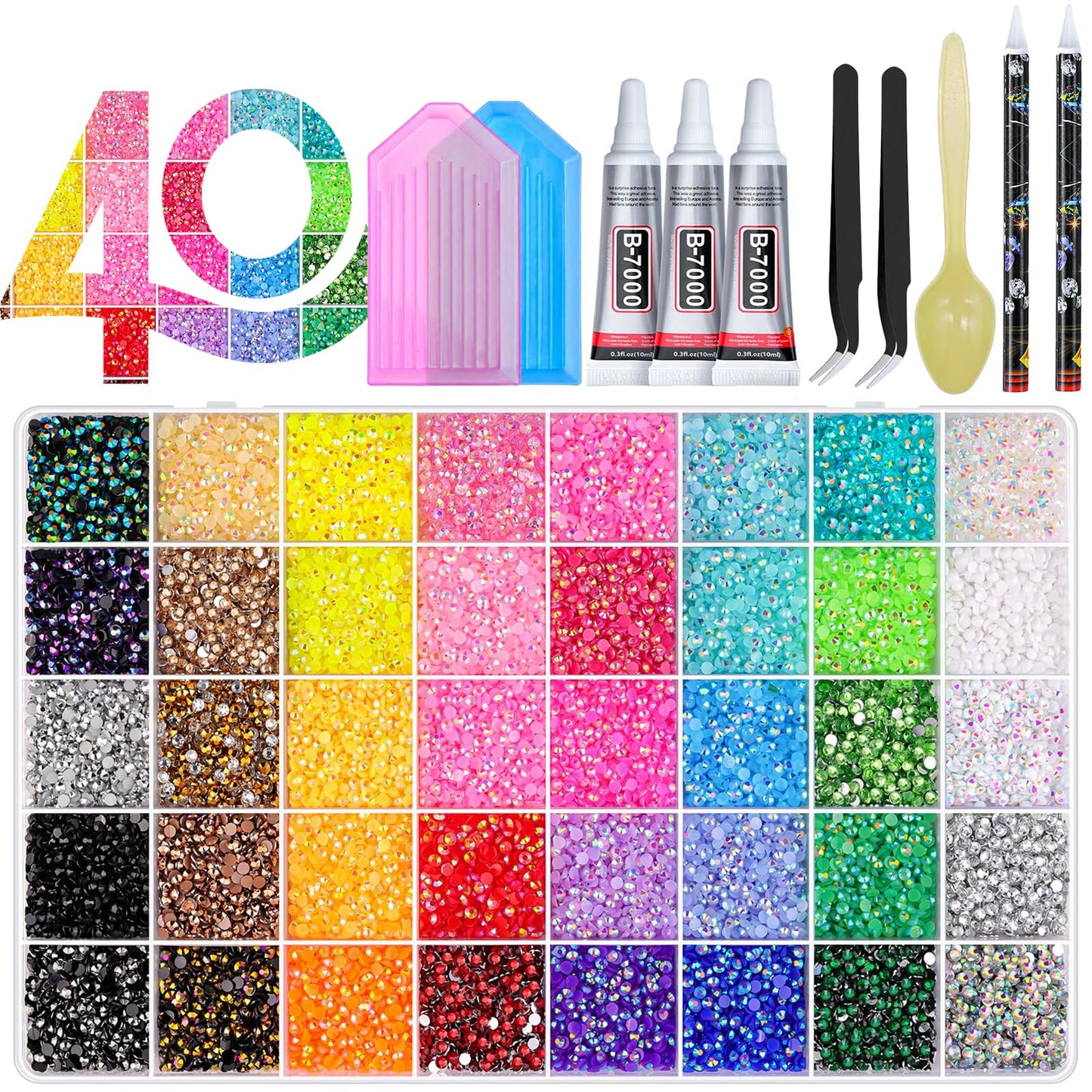 HiOKOU 36000Pcs 40 Colors Jelly Rhinestones for Bedazzling, 3MM Bedazzling Kit with 3Pcs 10ml B7000 for Diamond Art, Diamond Art Accessories