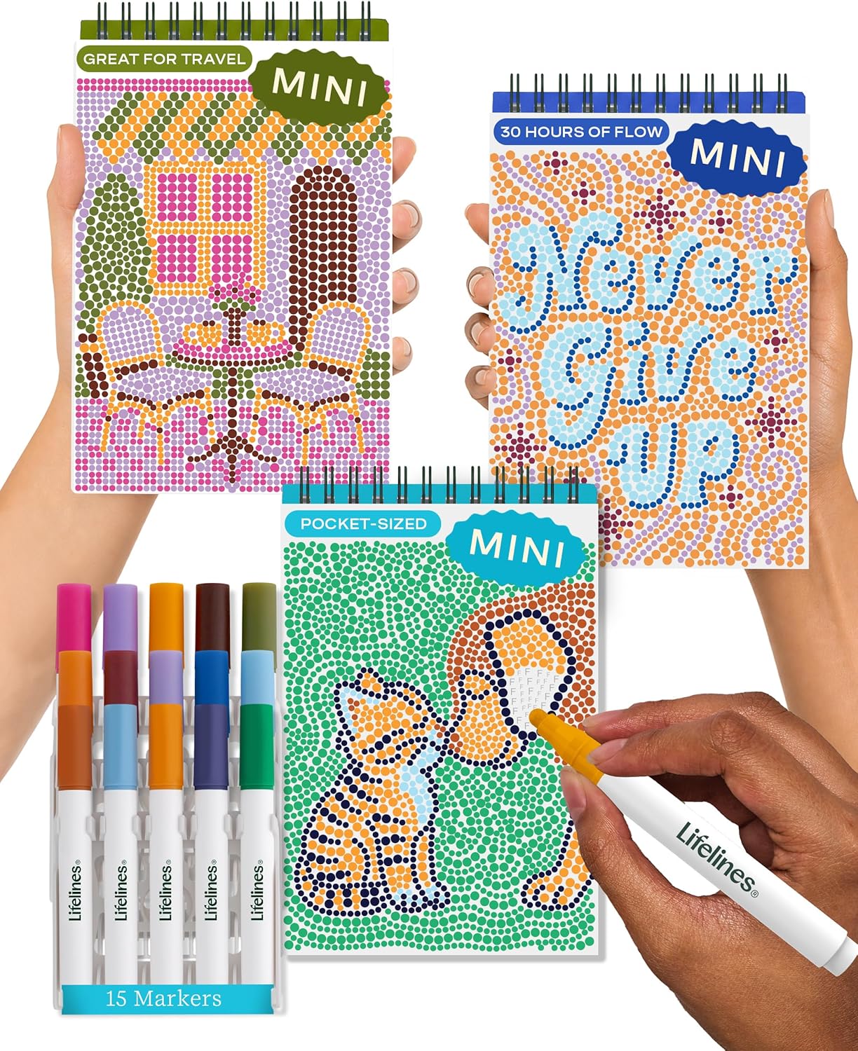FlowArt Mini Activity Pads - Guided Dot-by-Letter Art Meditations | 3-Pack with 15 Markers & 60 Scenes for All Ages