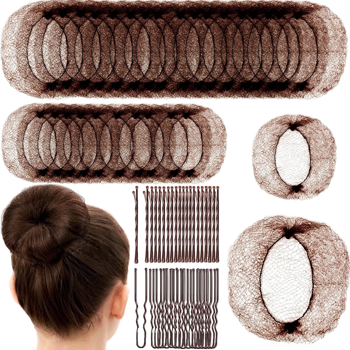 Hair Nets for Buns Set - 130 Pcs Dance Hair Nets & 100 Pcs Brown Bun Bobby Pins | Invisible & Secure for Ballet
