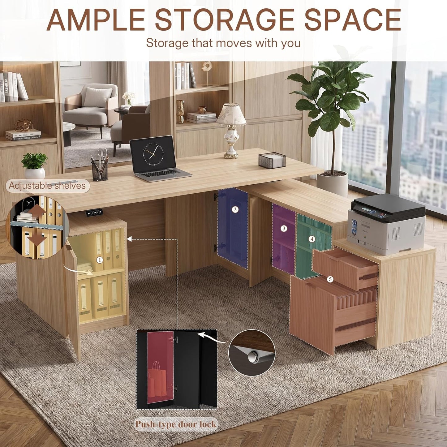 L Shaped Executive Desk - Height Adjustable Modern Office Workstation with File Cabinet & USB | Natural Wood Finish