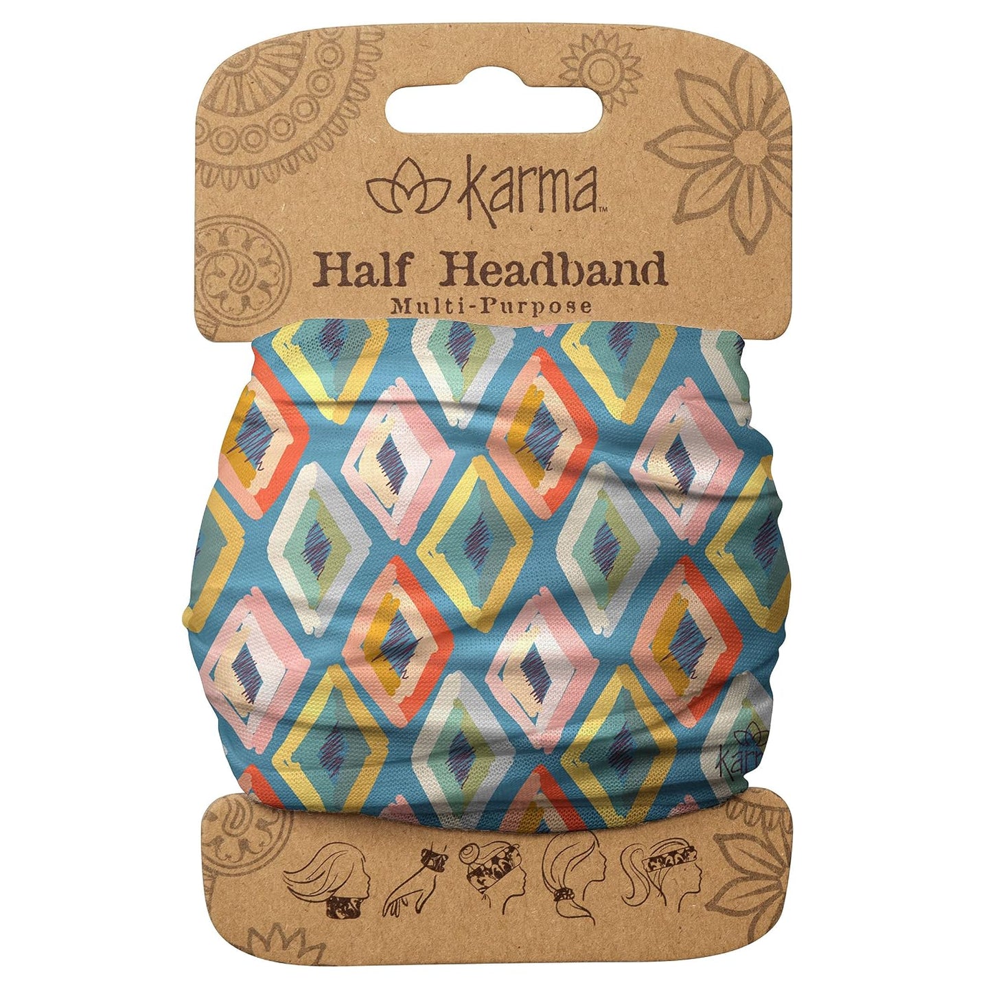 Floral Headband for Women | Stretchy Fabric Hair Scarf - Light Tan & Blue - Medium Size