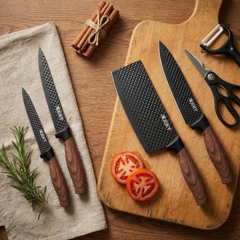 KEPEAK 6PCS Knife Set, Kitchen Knife Set with Nonstick Diamond Coating, High Carbon Stainless Steel Chef Knife Set with Cleaver and Scissors, Rustproof, Gift Box, for Home Kitchen, Chef Gifts