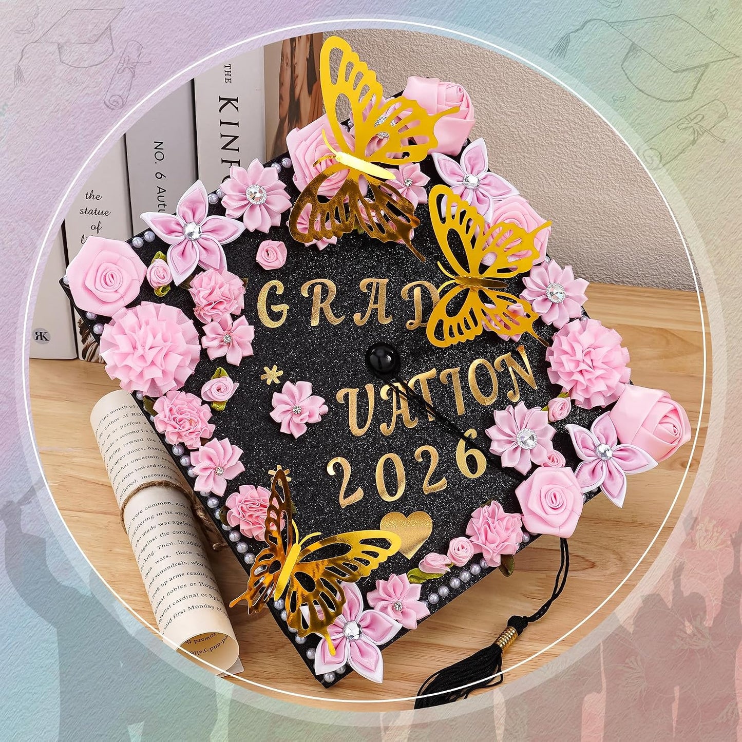 Graduation Cap Decoration Kit - 56 Pcs DIY Pink Flowers, Rhinestones & Glitter Butterflies | 2026 Grad Hat Topper