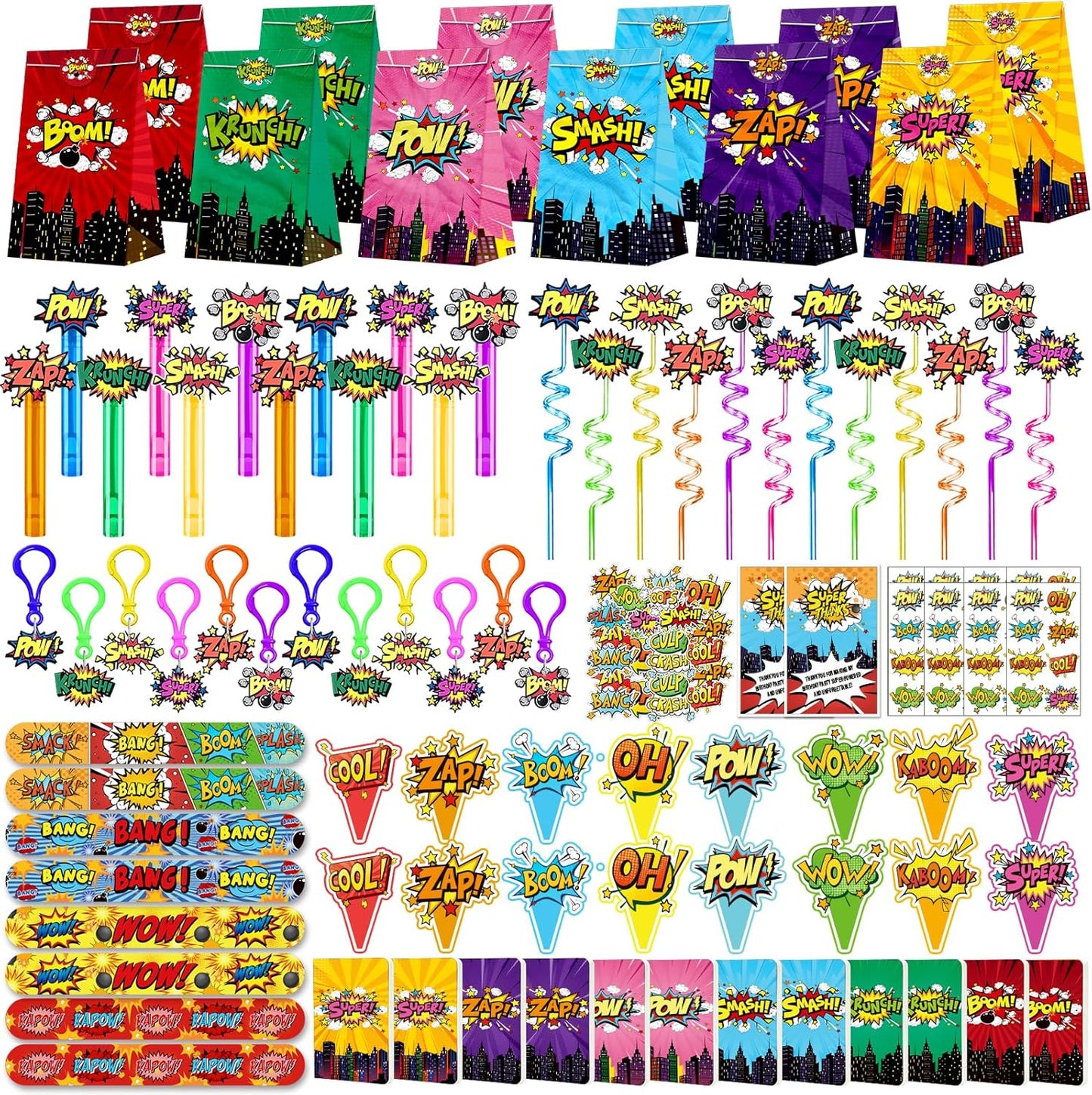Hero Party Favors Kit - 220PCS Birthday Supplies with Goodie Bags, Straws, Bubble Wands & Notebooks | Ideal for Party Decorations & Piñata Fillers