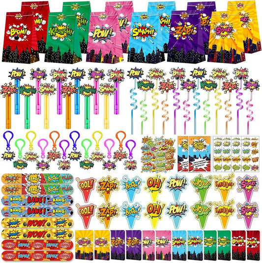 Hero Party Favors Kit - 220PCS Birthday Supplies with Goodie Bags, Straws, Bubble Wands & Notebooks | Ideal for Party Decorations & Piñata Fillers