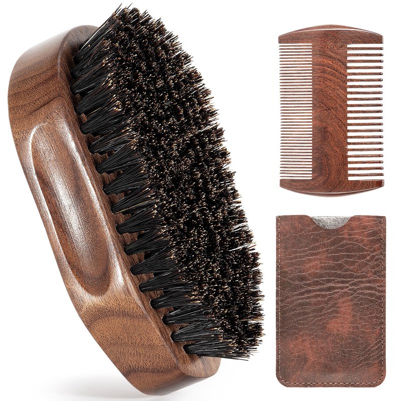 GROOMAGE 3PCS Beard Brush Comb Set for Men, Black Walnut Wood Dual Beard Comb & Case, Men's Natural Wooden Mustache Brush Kit - Medium Hardness