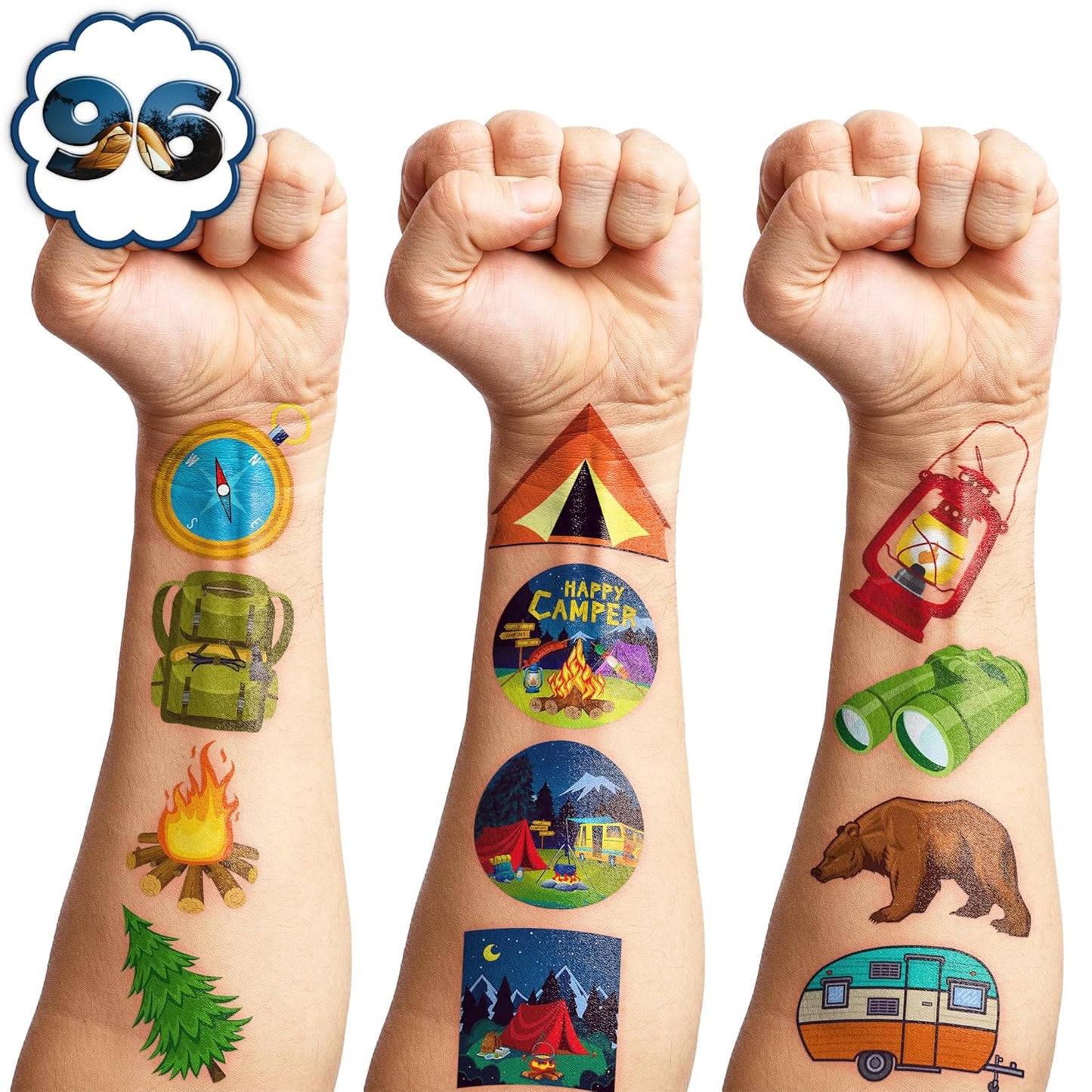 Pre-Cut Temporary Tattoos for Kids - 96 PCS Cute Camping Party Favors | 8 Sheets of Fun Stickers
