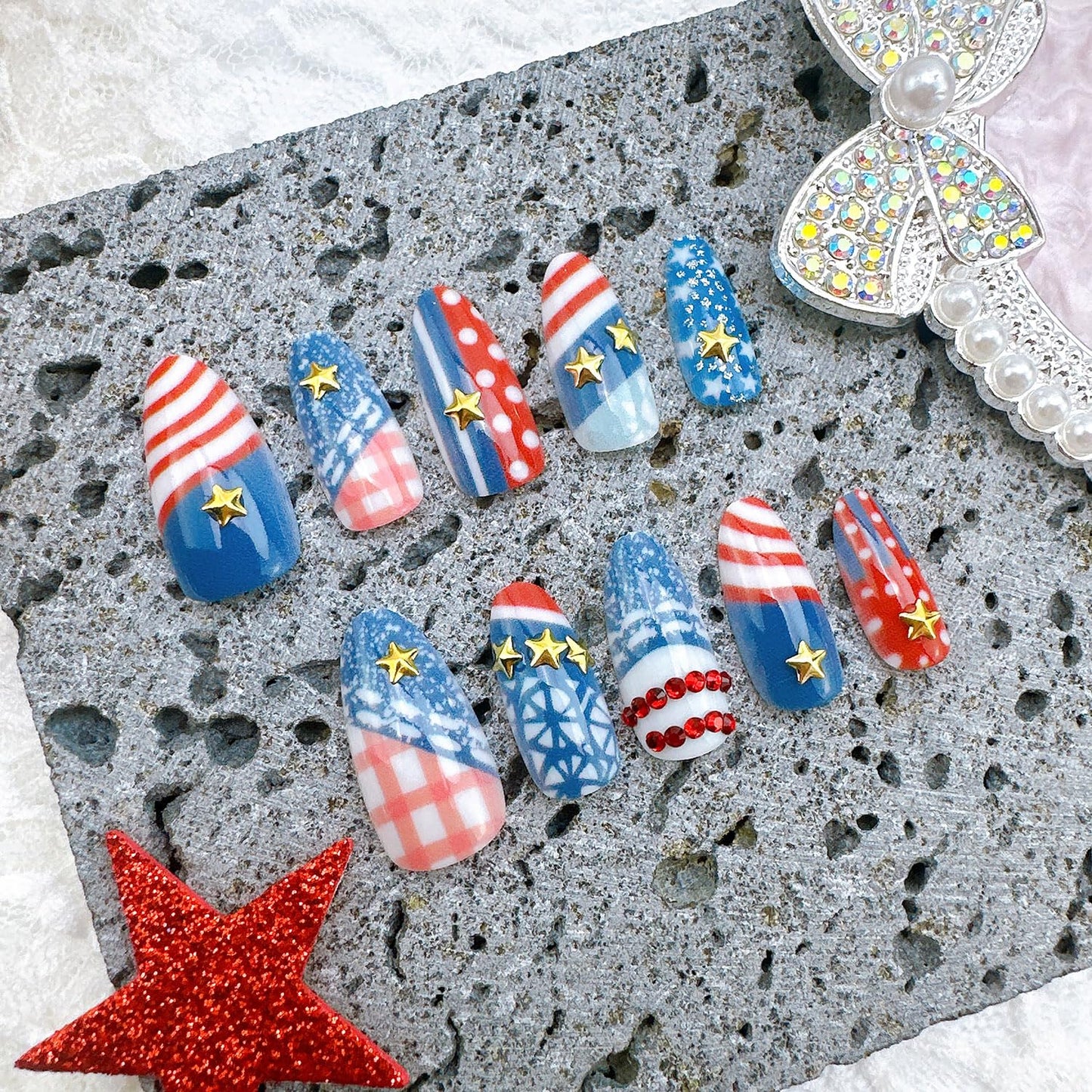 30Pcs 4th of July Press-On Nails - Medium Almond Acrylic Nails with Gold Star & Red Rhinestones | Patriotic Independence Day Design