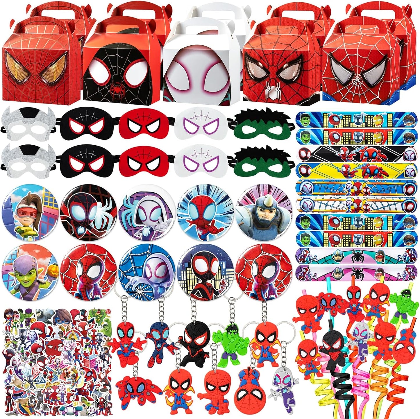 Spidey Party Favors - 110 Pcs Spider-Man Themed Supplies | Straws, Pins, Key Chains, Masks & More