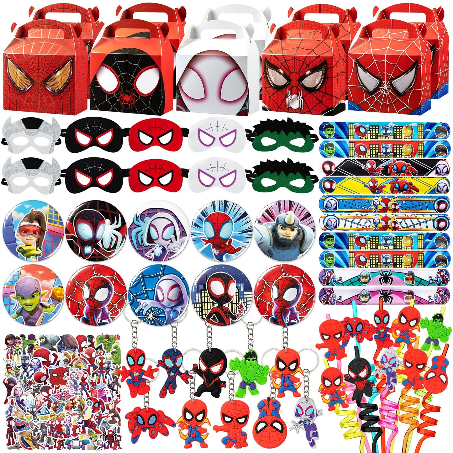 TLTSDWQ Spidey Party Favors,110Pcs Party Supplies,Include 10 Straws,10 Button Pins,10 Key Chains,10 Masks,10 Gift Bags,10 Wrists and 50 Stickers