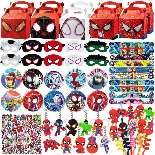 TLTSDWQ Spidey Party Favors,110Pcs Party Supplies,Include 10 Straws,10 Button Pins,10 Key Chains,10 Masks,10 Gift Bags,10 Wrists and 50 Stickers