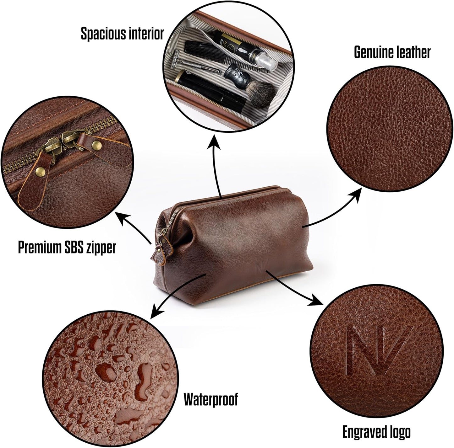 Genuine Leather Toiletry Bag for Men - Premium Travel Dopp Kit & Hygiene Organizer | Brown