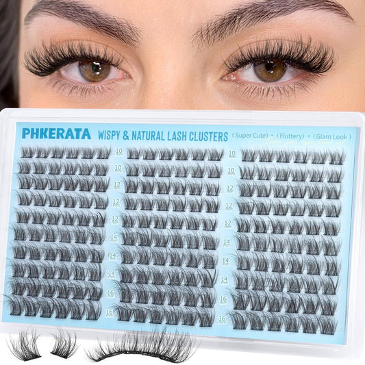 PHKERATA Wispy Lash Clusters Natural Eyelash Clusters 180Pcs Cluster Eyelash Extensions C Curled Cluster Lashes DIY Individual Lashes Soft Eye Lash Extension with Ultra-thin Band, 10-16MM