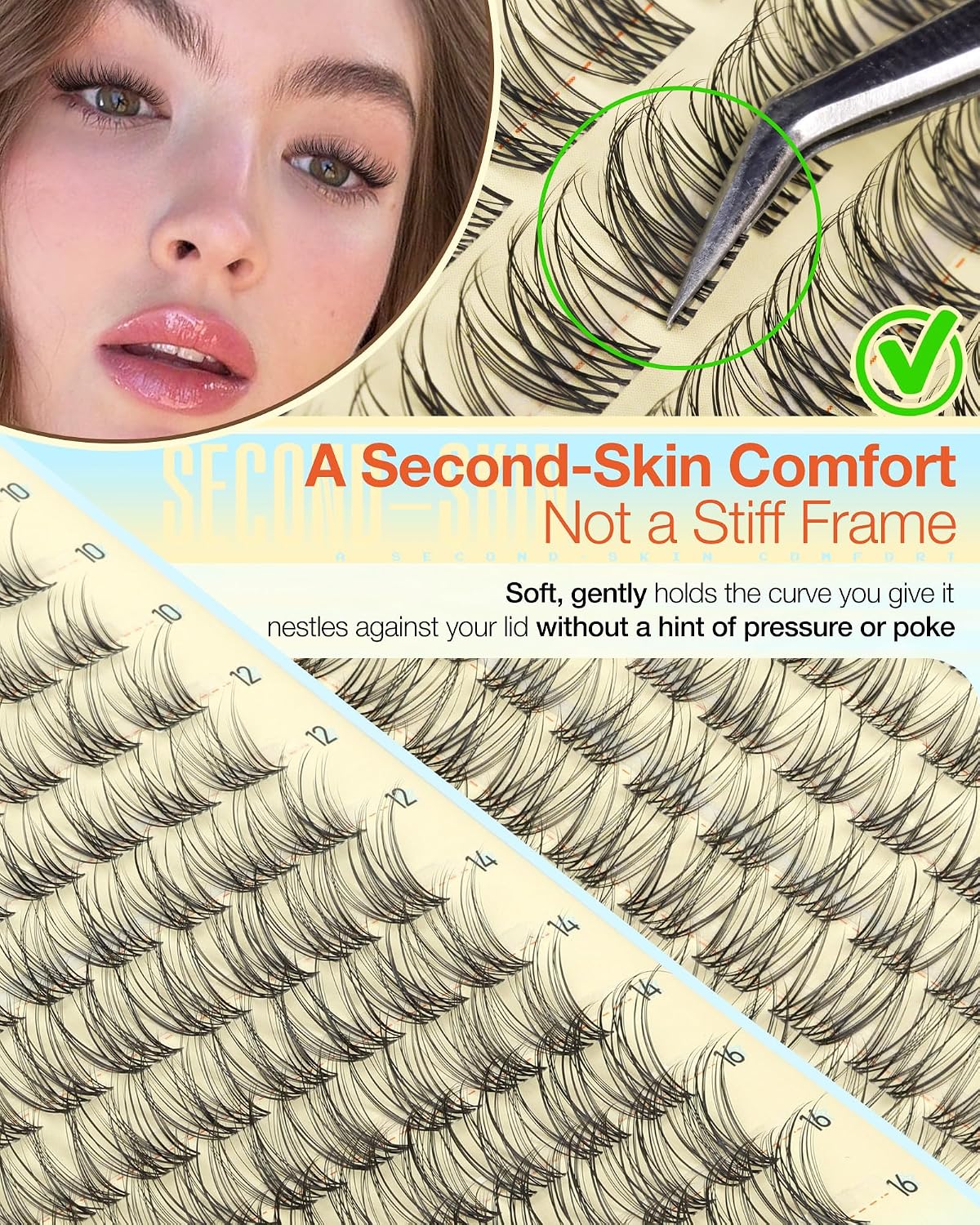 Natural Lash Clusters - Wispy Eyelash Extensions with Clear Band | C Curl, 10-16mm Individual Lashes