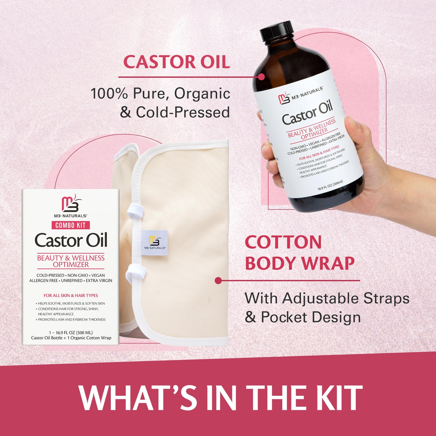 Pure Castor Oil Pack Kit, Large Hexane-Free Cold-Pressed in Glass Bottle with Adjustable Reusable Organic Cotton Wrap for Detox and Wellness (1 of Each) by M3 Naturals