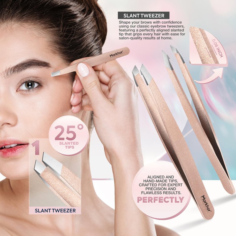 MARKHOR® Luxe Rose Gold Eyebrow Tweezers for Women Facial Hair, Splinter and Ingrown Hair Removal Tweezers Set, Professional Pointed and Slant Tweezers for Eyebrows, Precision Tweezers for Eyebrows