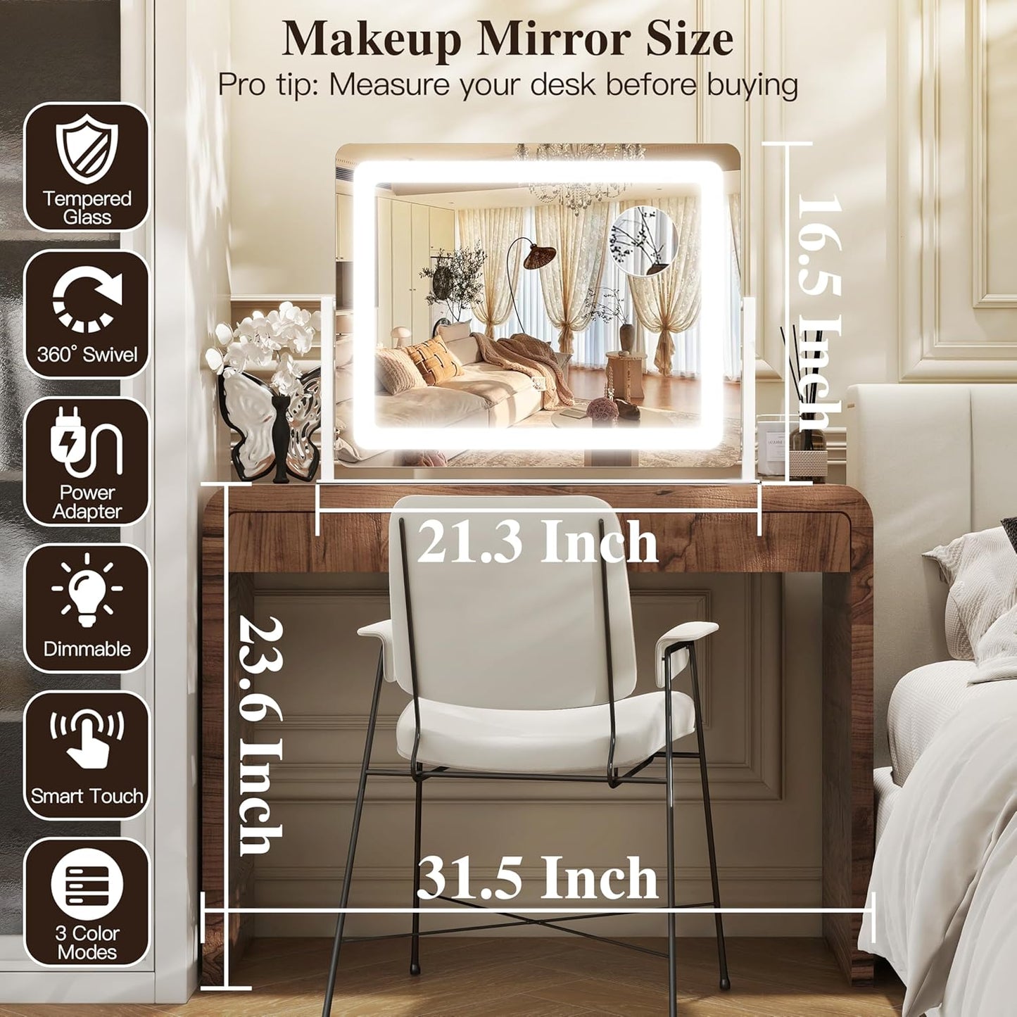 LED Vanity Mirror with Lights - 17" x 22" Lighted Makeup Mirror with 10X Magnification | 3 Color Modes & Dimmable, White