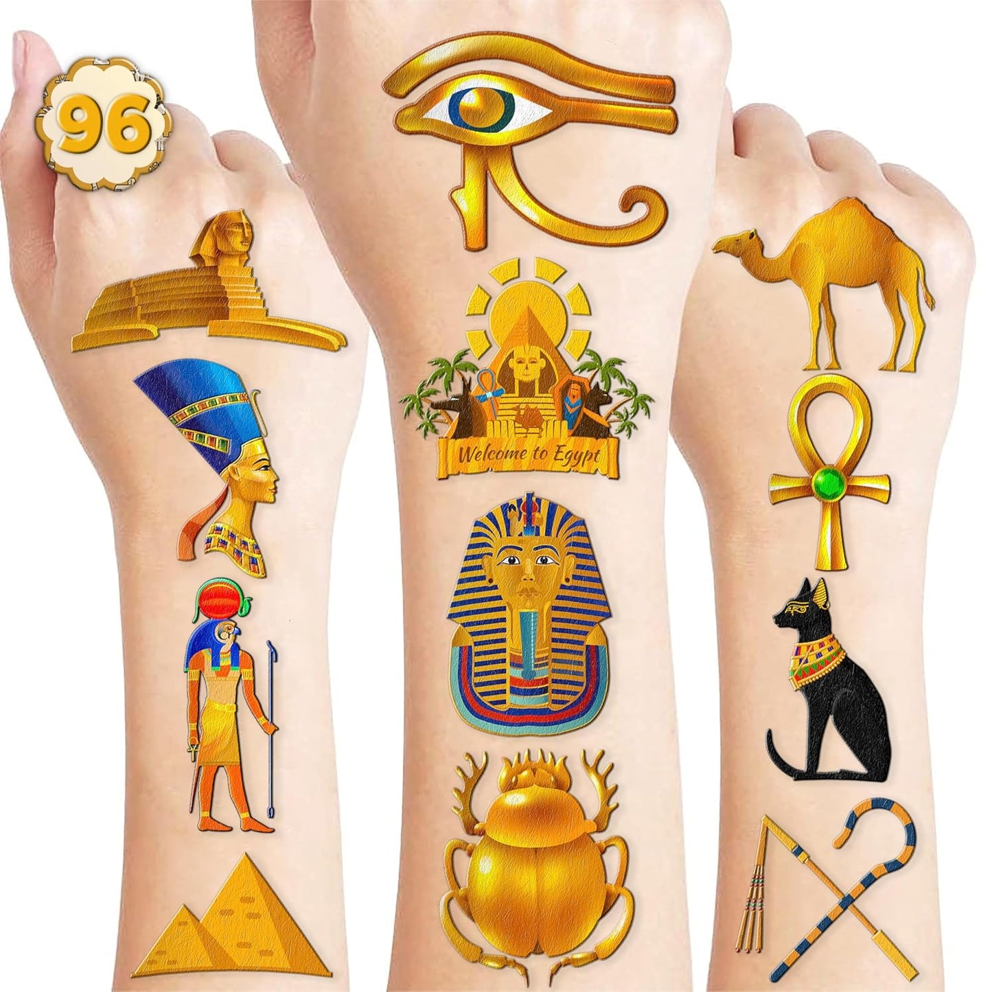 Ancient Egypt Temporary Tattoos - 96PCS Pre-Cut Pharaoh, Sphinx & Pyramid Designs | Perfect for Kids' Parties & School Projects