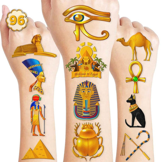 Ancient Egypt Temporary Tattoos - 96PCS Pre-Cut Pharaoh, Sphinx & Pyramid Designs | Perfect for Kids' Parties & School Projects