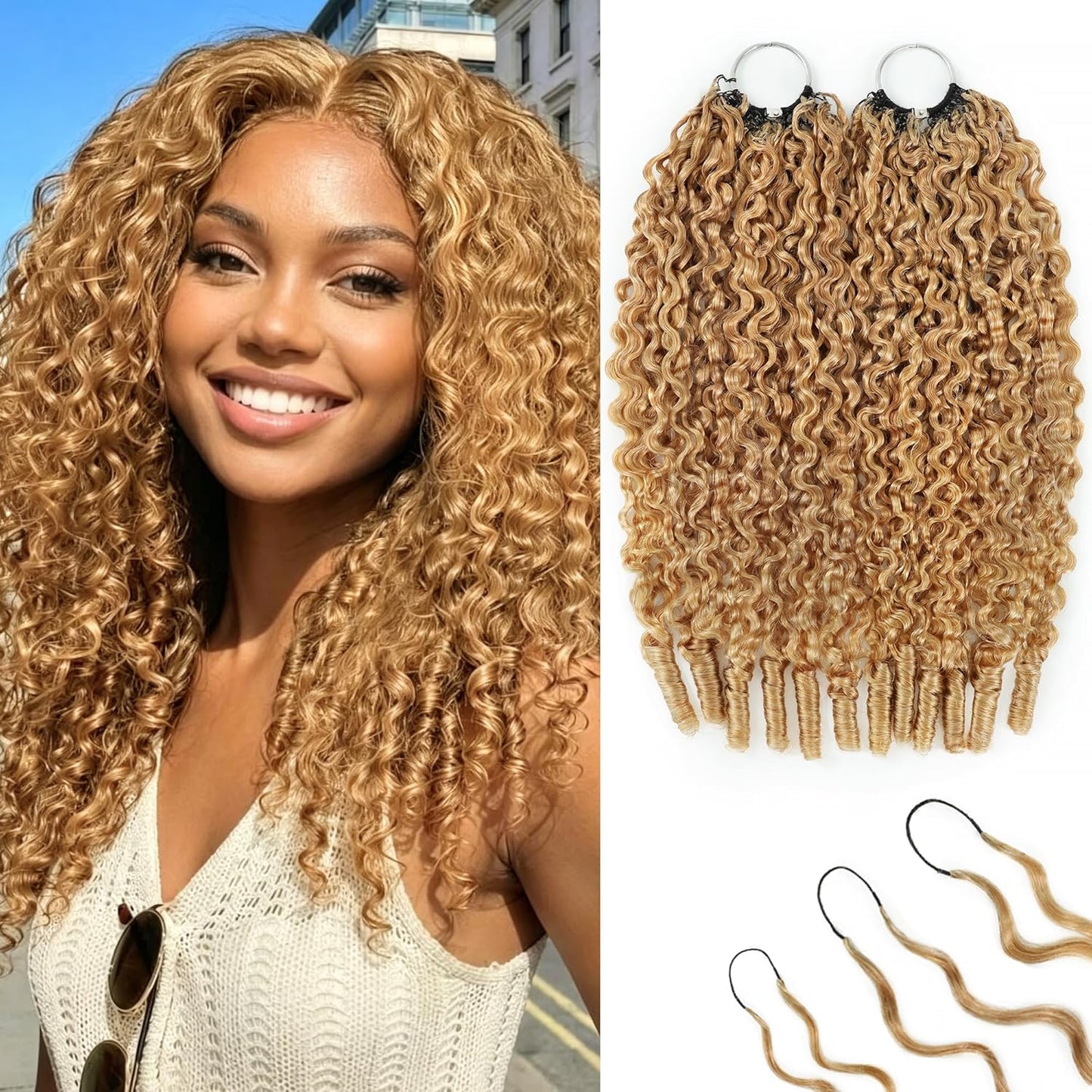 Honey Blonde Burmese Curly Crochet Hair - 18 Inch 180g Pre-Separated Bundles | Invisible Miracle Knots