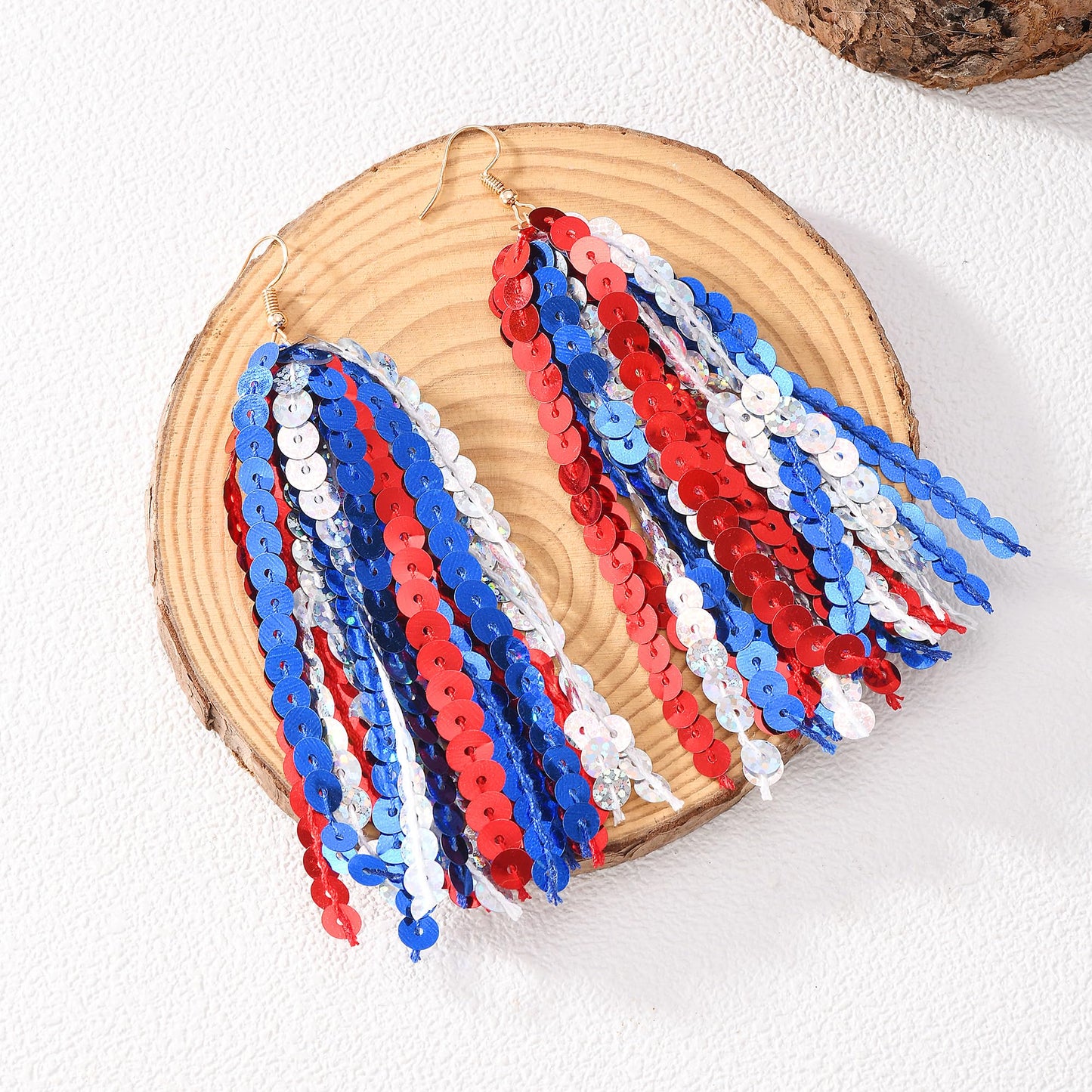 RareLove Fourth of July Accessories Lightweight Patriotic Earrings Red White and Blue Sequins Fun Dangle Tassel Earrings for Women Alloy Plated