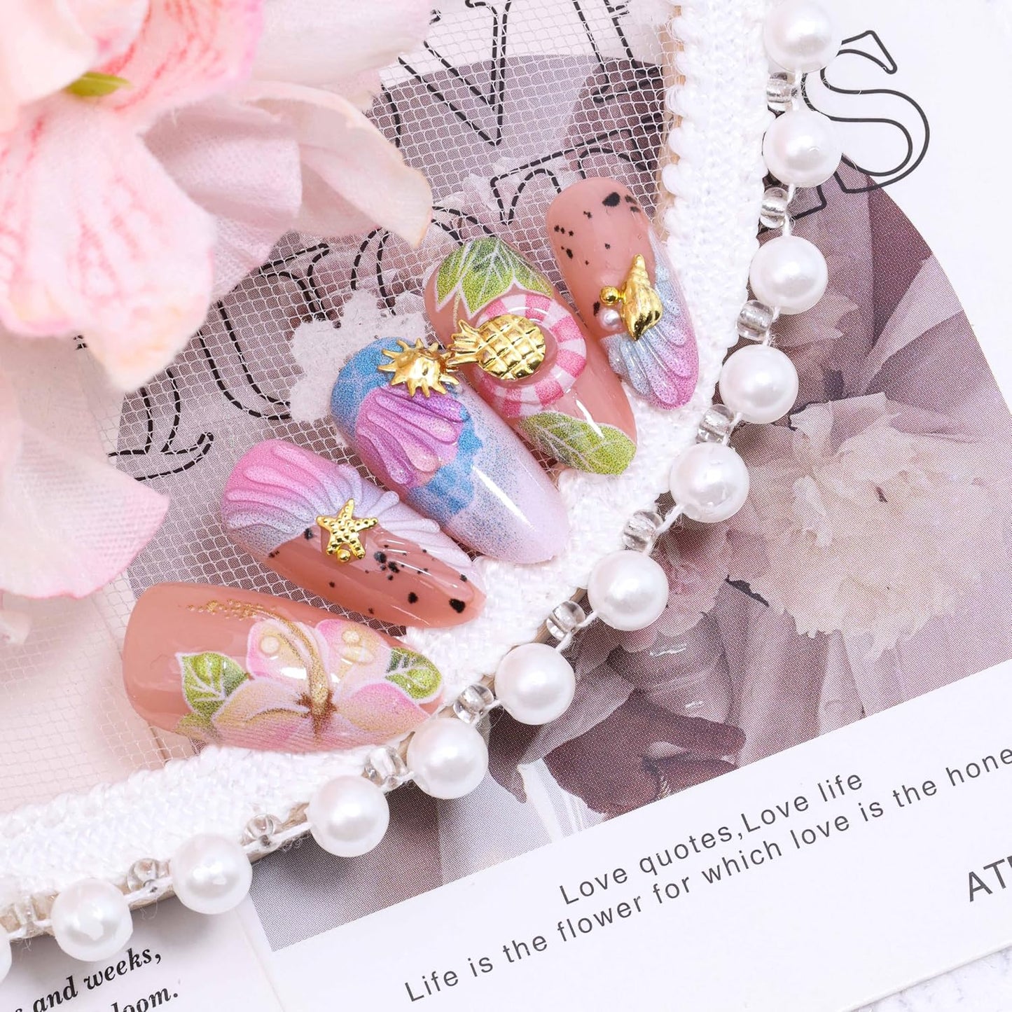 Press-On Nails - 24Pcs Medium Almond Beach Flower Design | Full Cover Acrylic with Shell & Starfish Rhinestones