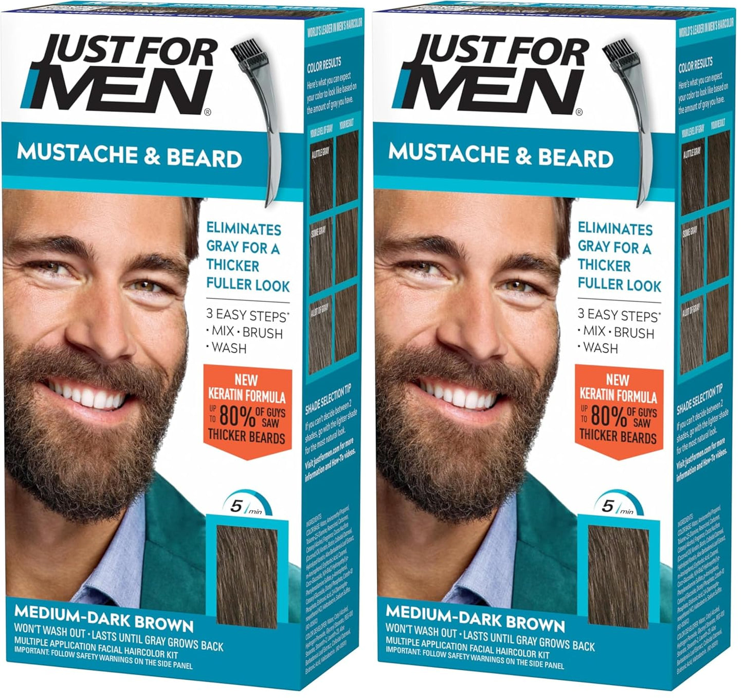 Just For Men Mustache & Beard Color | Gray Hair Beard Coloring with Keratin, Biotin & Aloe - Medium Brown M-35