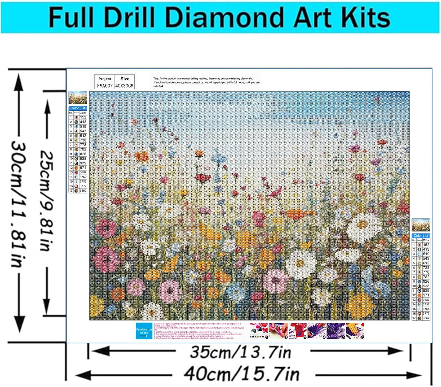 5D Diamond Painting Kit - Sea of Flowers Full Round Drill Art | DIY Crystal Gem Painting, 16x12 Inch