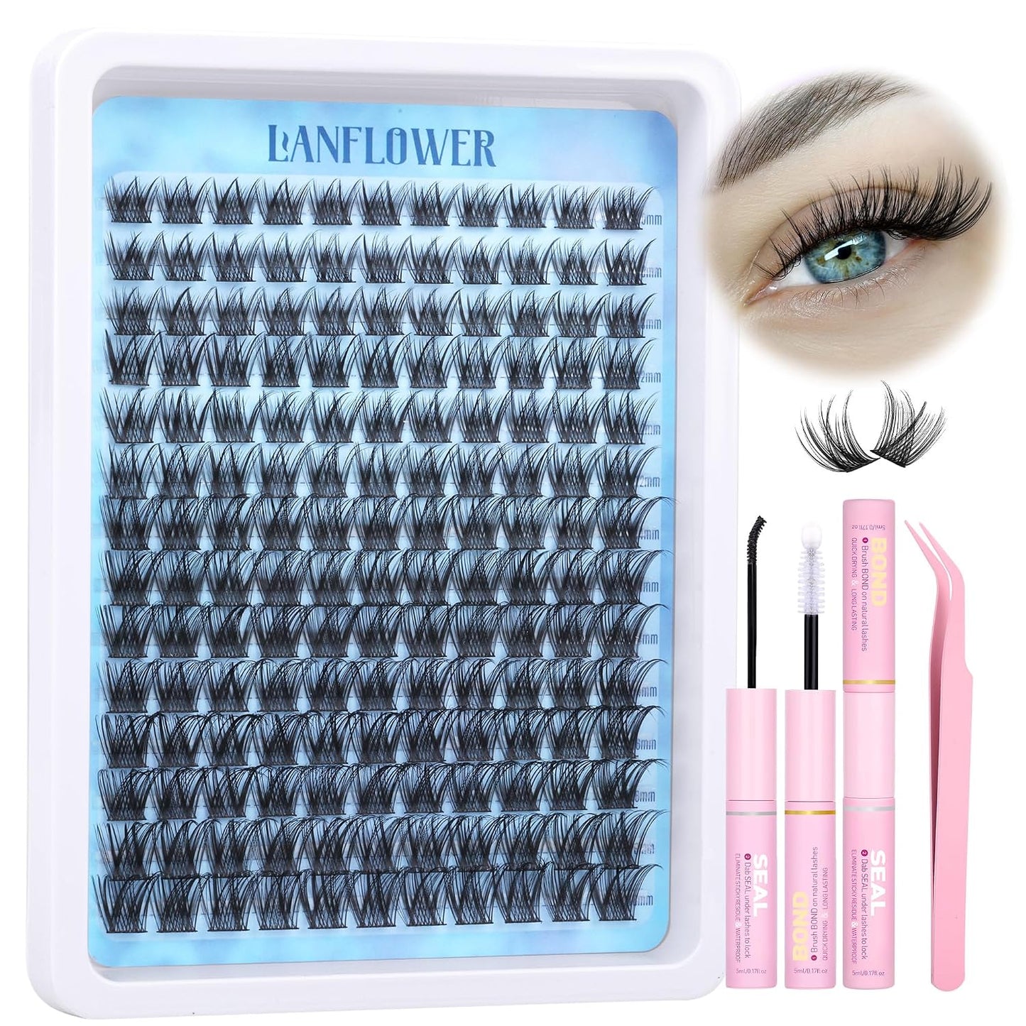 Natural Lash Clusters Kit - Wispy C Curved Eyelash Extensions | 8-16mm Individual Lashes with Bond & Tweezers