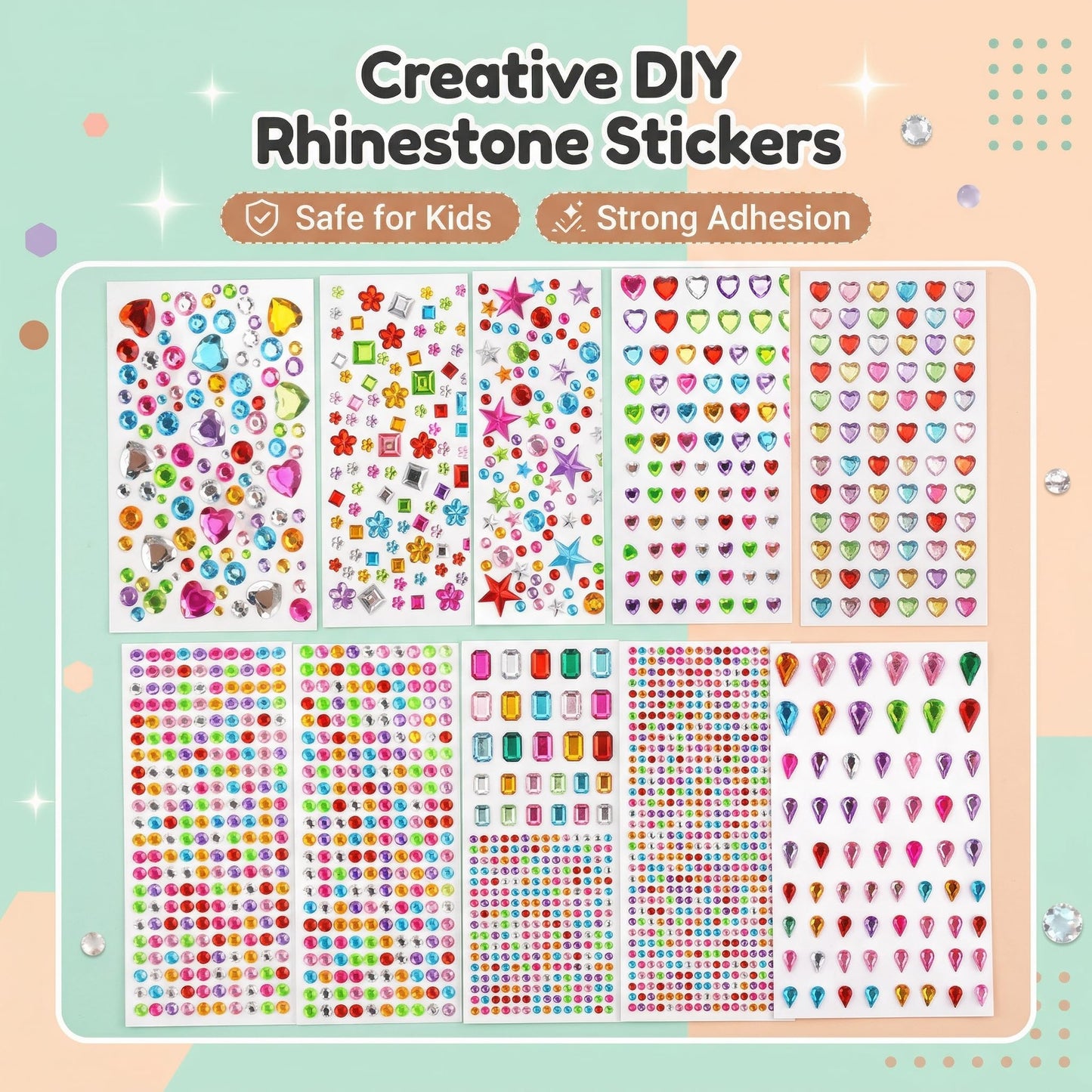 Diamond Art Accessories, 10 Sheets Self-Adhesive Gem Stickers Multi-Shape Bling Rhinestone Stickers Sparkling Diamond Painting Dots for Kids DIY Craft Scrapbook School Project Decoration