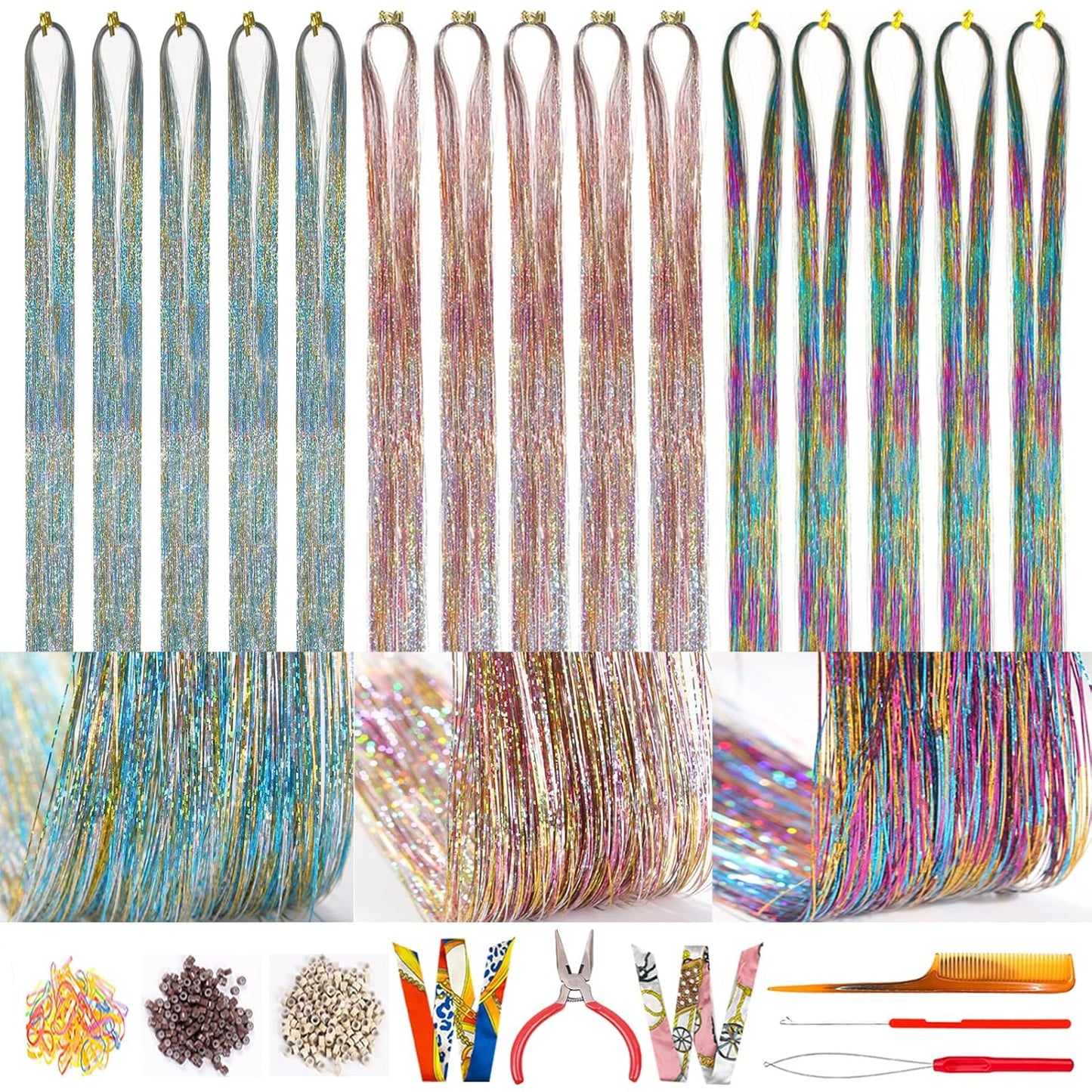 Gradient Hair Tinsel - Galaxy Gold & Turquoise Rainbow | 47 Inch, 3800 Strands, Heat Safe 320°F, No-Fade Sparkle for All Hair Types