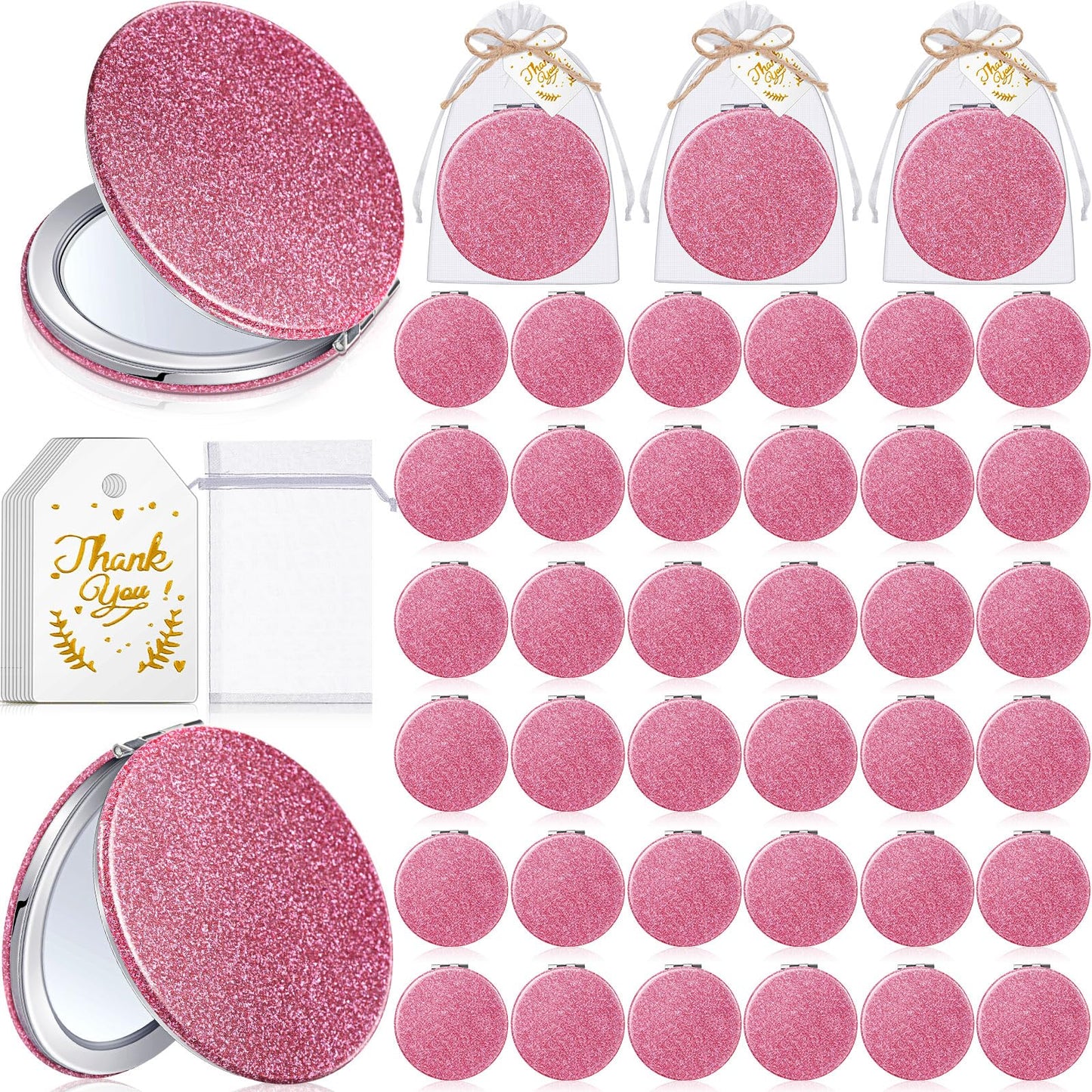 Chunful 30 Set Compact Mirrors Gifts with Thank You Card Quinceanera Party Favors for Guests Women Bridal Shower Wedding Bridesmaids Bachelorette (Pink)