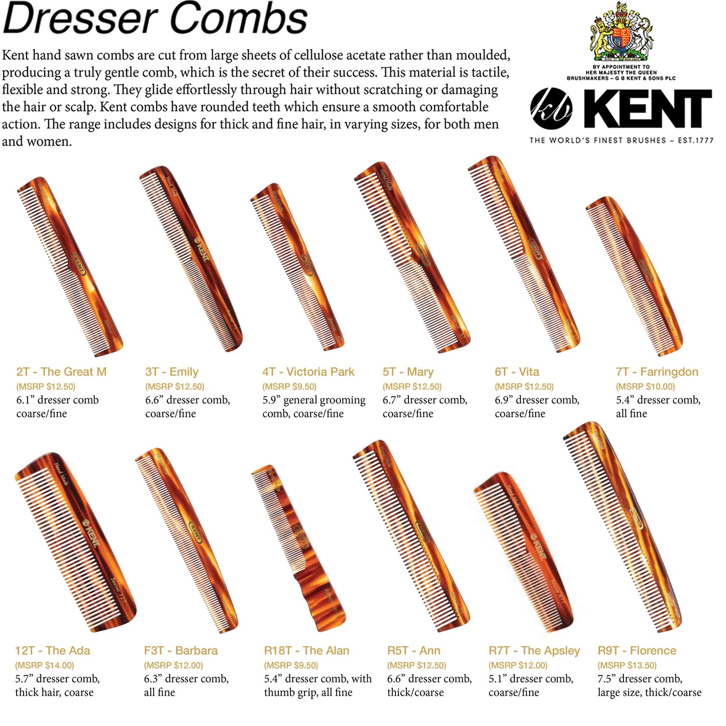 Kent 12T Wide Tooth Detangling Comb - Handmade Pocket Comb for Thick, Curly, and Wavy Hair, Large Tooth for Grooming Hair, Beard, and Mustache - Saw-Cut and Hand Polished