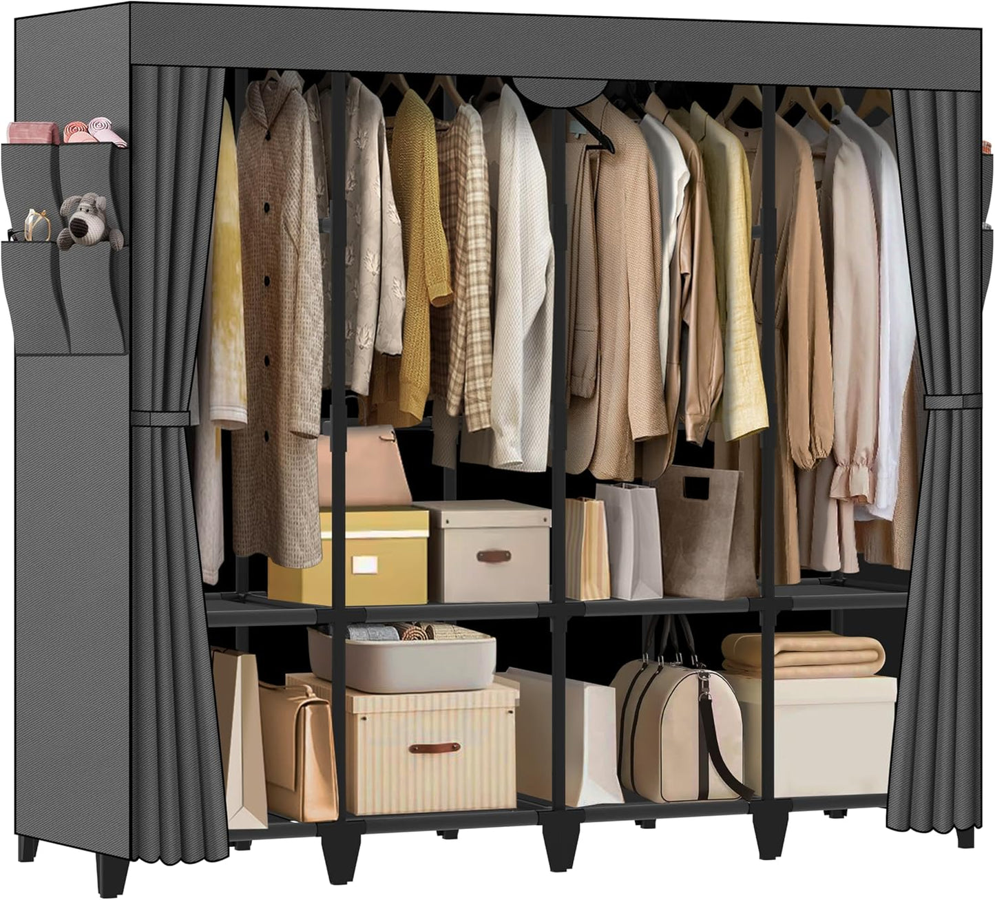 Portable Closet - Large Capacity Gray Wardrobe with 3 Hanging Rods, 6 Shelves & 8 Pockets | Easy Assembly for Bedroom & Living Room