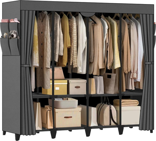 Large Capacity Portable Closet - Quick Assembly Gray Wardrobe with 4 Hanging Rods, 8 Shelves & 8 Pockets | Ideal for Bedroom & Living Room