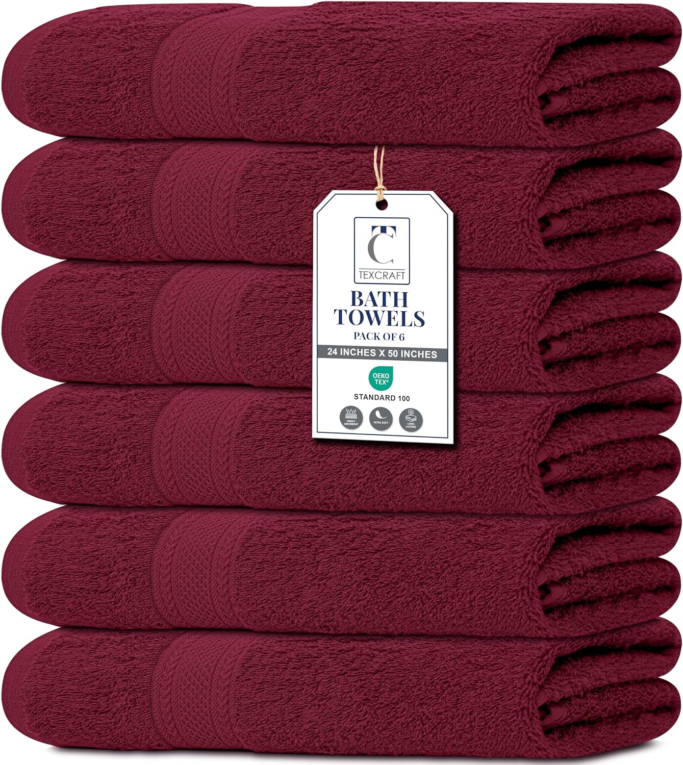 Large Bath Towels Set of 6 - 100% Cotton Terry, Quick Dry & Soft - 24" x 50", Grey for Bathroom, Gym & Spa