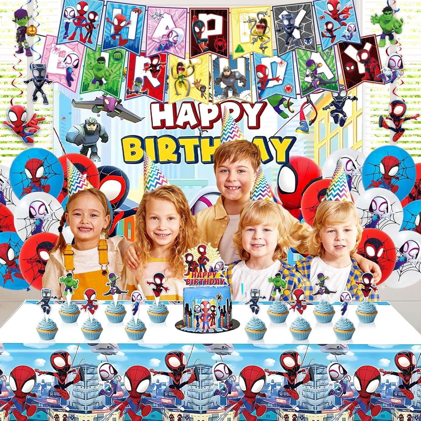 Spider-Man Party Decorations - Complete Spidey Theme Supplies with Banner, Backdrop, Table Cover, Cake Toppers & Balloons | Perfect for Kids' Birthday Celebrations
