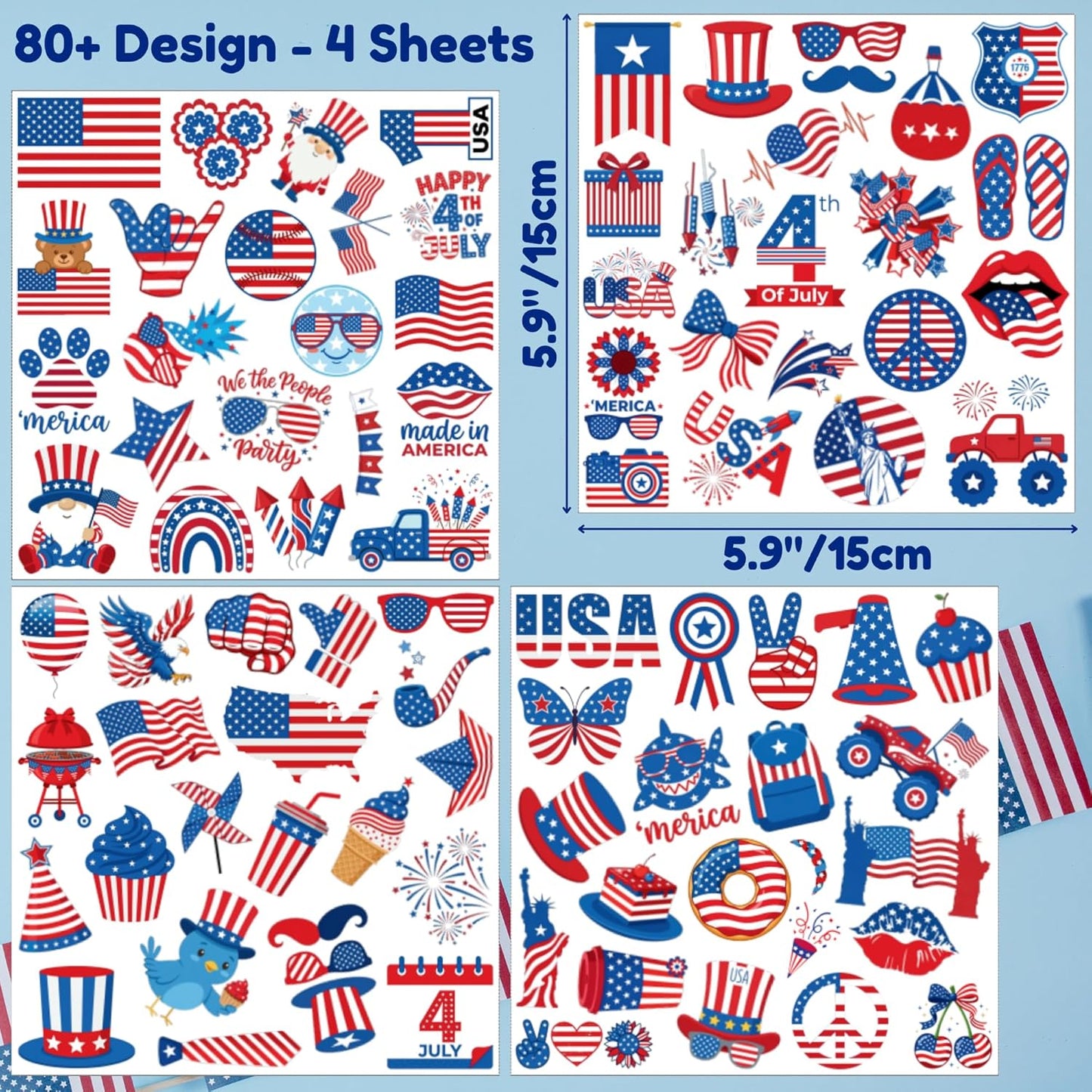 Fourth of July Temporary Tattoos - 85Pcs Patriotic Party Favors | Red, White & Blue Designs