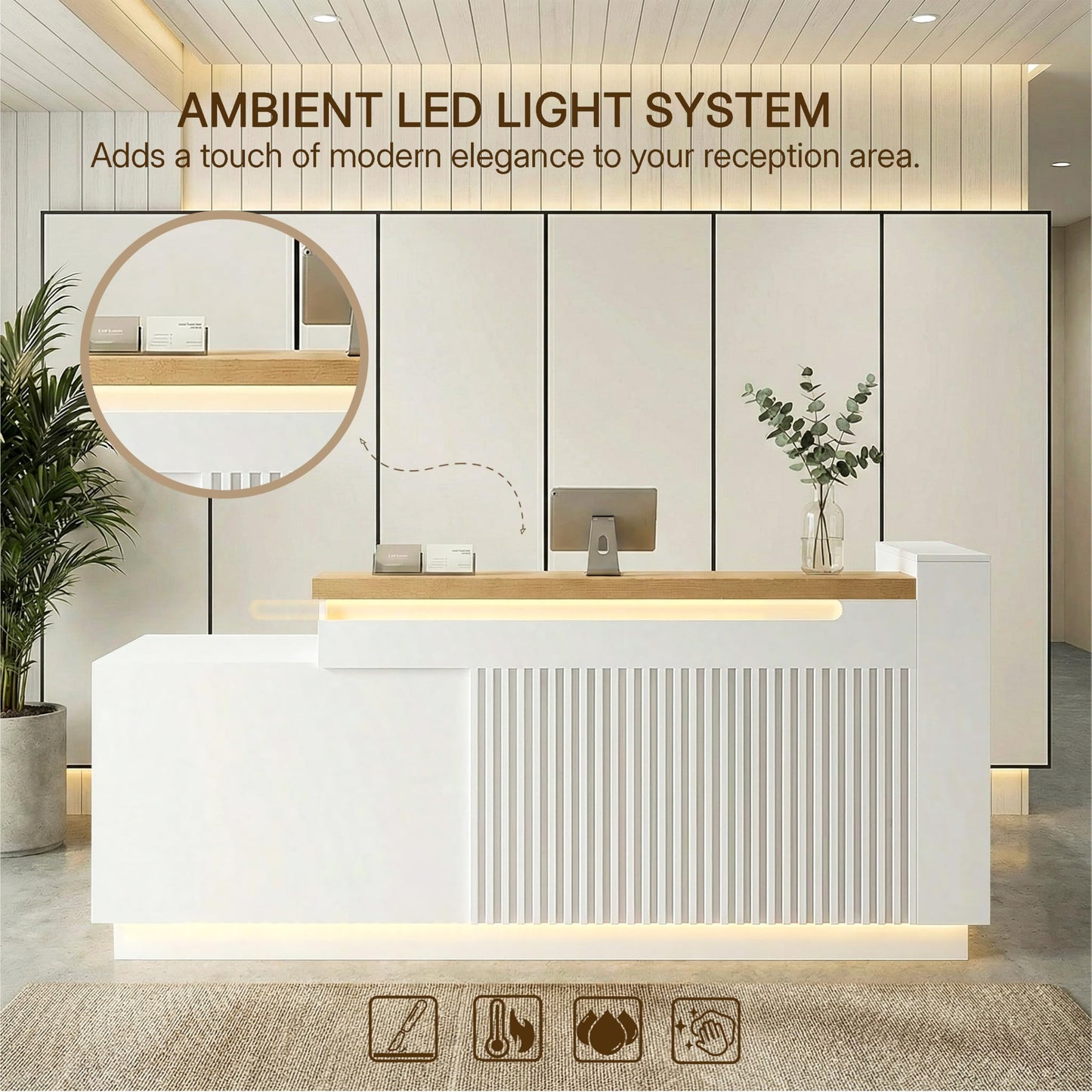 ZIMASYA 63" L-Shaped Reception Desk with Counter, Modern Commercial Front Desk with Power Outlets, Combination Lock Drawers, LED Lights for Office, Beauty Salon, Retail Store, White