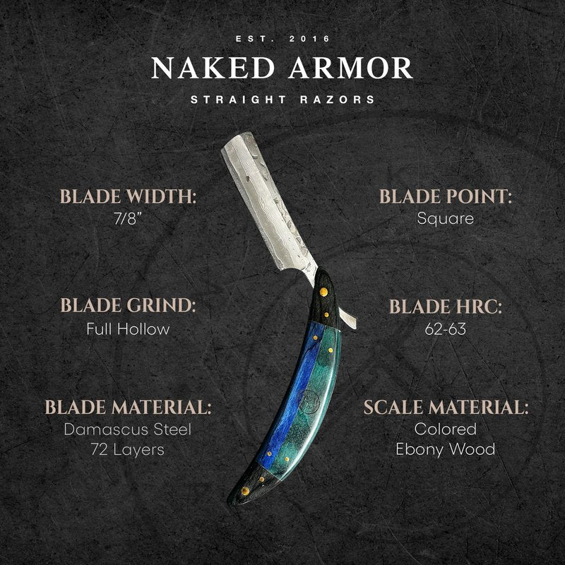 Naked Armor Esclabor Damascus Straight Razor - Shave Ready 7/8" Square Nose Damascus Steel Straight Razors for Men with Ebony Wood Scale, Case Included, Close Shave