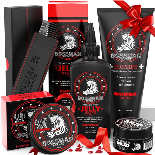 Bossman Complete Beard Kit – Men's Beard Oil Jelly, Fortifying Shower Conditioner, Balm, Mustache Wax & Comb – Beard Softener & Grooming Care – Men Gift Set (Hammer Scent)