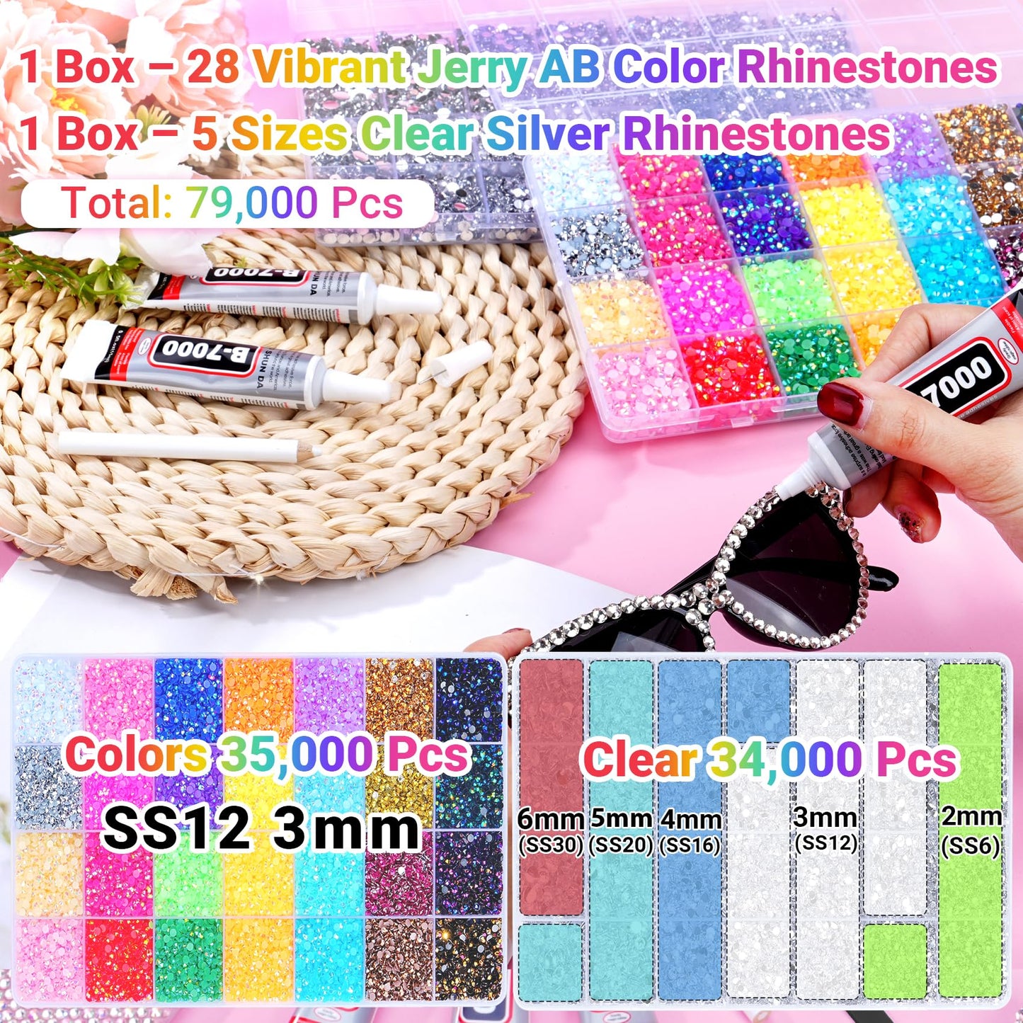 79000Pcs Jelly Rhinestones for Bedazzling, 2 Boxes Multicolor 3mm & Silver Clear 2/3/4/5/6mm Resin Flatback Gems for Crafting, Bedazzler Kit with 3Pcs 15ml B7000 Jewelry Glue for Crafts Clothes Book