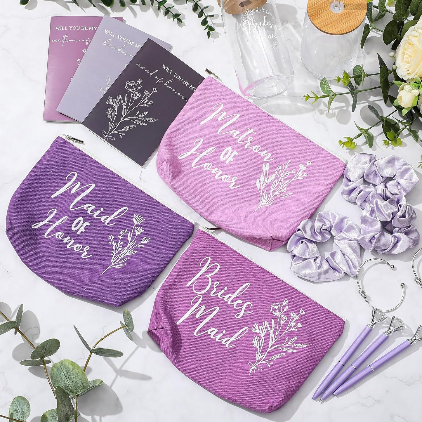 Bridesmaid Proposal Gifts - 48 Pcs Set with 16oz Glass Cups, Makeup Bags & More | Classic Purple