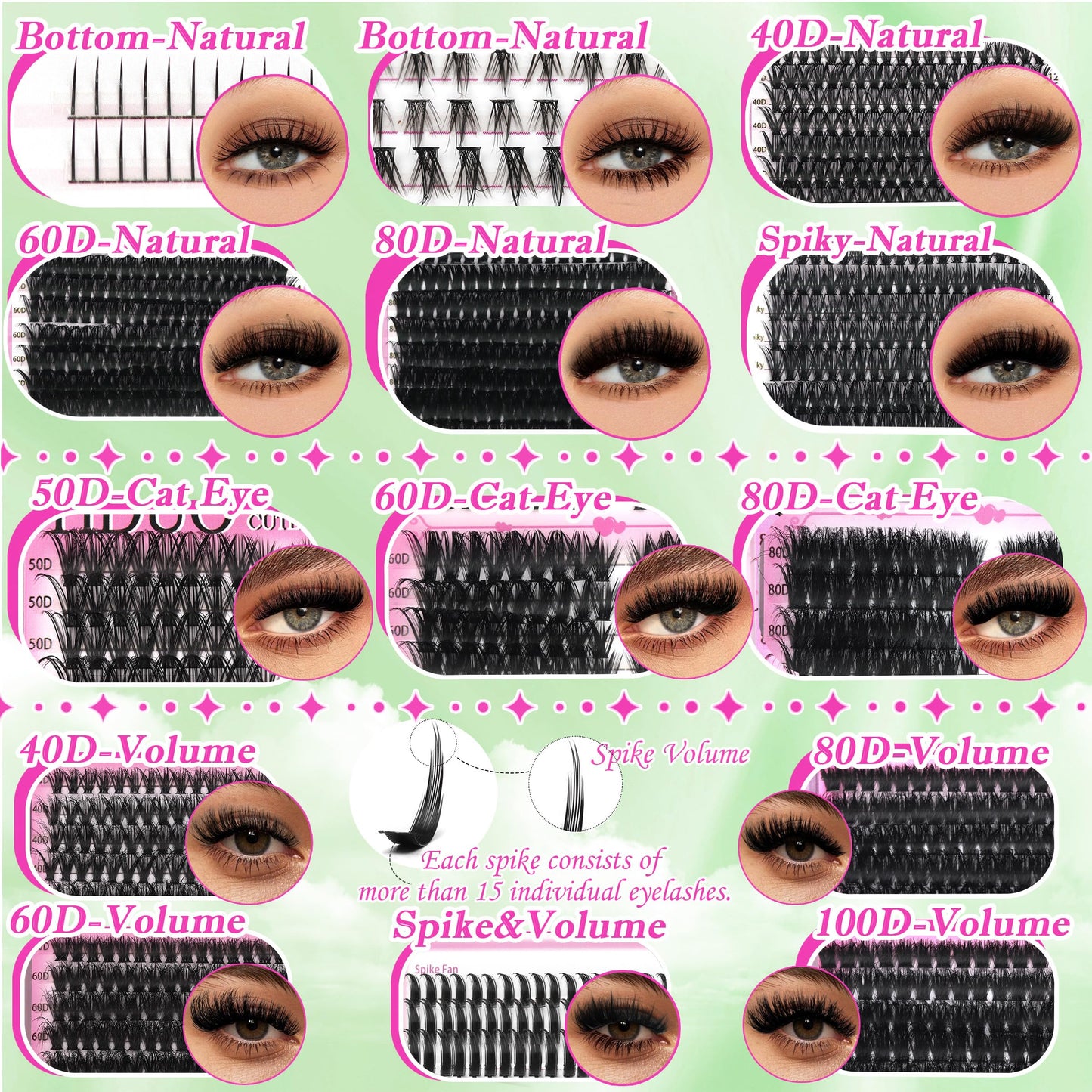 YIDUO 1846Pcs Lash Clusters Kit with Spikes+Bottom Cluster Lashes Kit Mix Styles 10-18mm Volume D Curly Wispy Soft DIY Individual Eyelash Extension Kit with Glue pestañas postizas Wholesale Large Pack