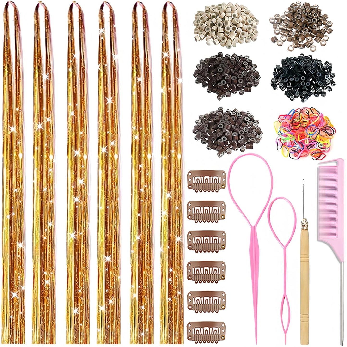 Hair Tinsel Kit - 48 Inch Holographic Glitter Strands for Party & Cosplay | Heat Resistant Bronze Gold