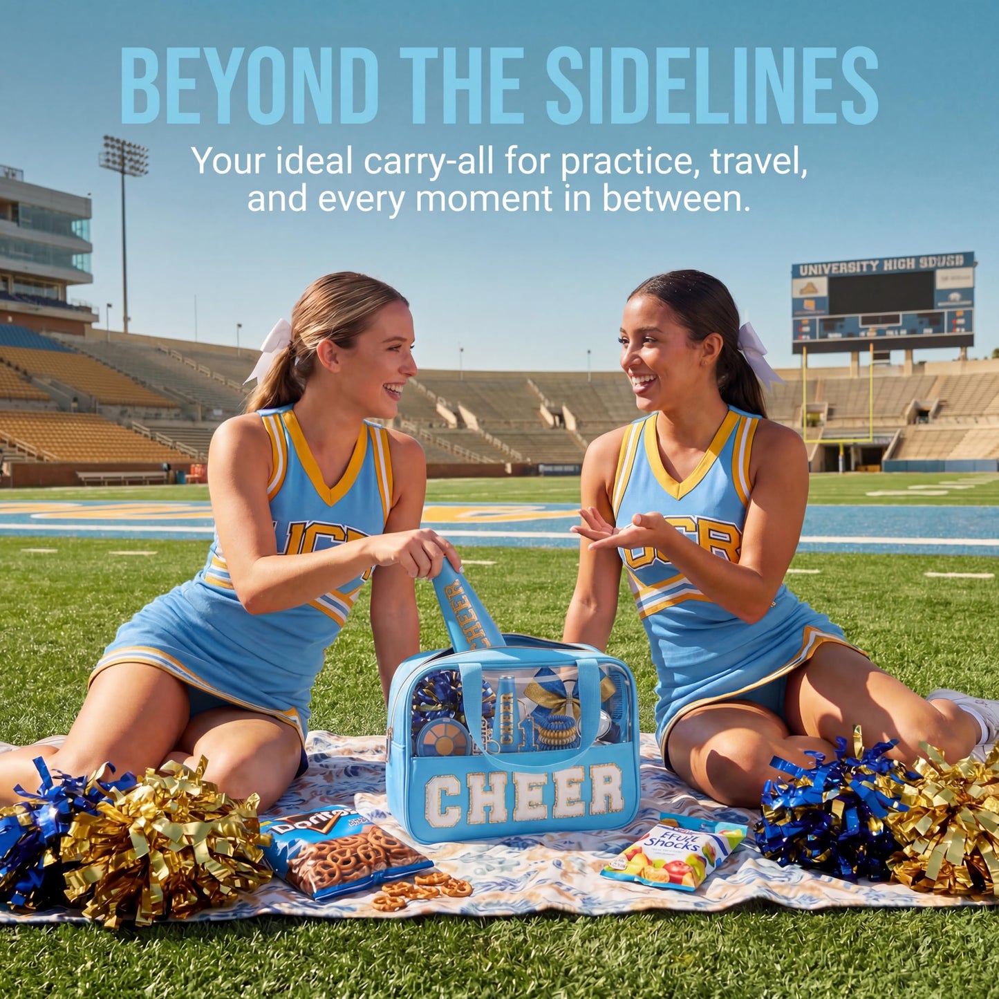 KYTACCU Cheer Makeup Bag Cheerleader Gifts Cheer Chenille Letter Cosmetic Bag Cheerleading Competition Accessories Clear Travel Toiletry Pouch for Girls Women-Sky Blue