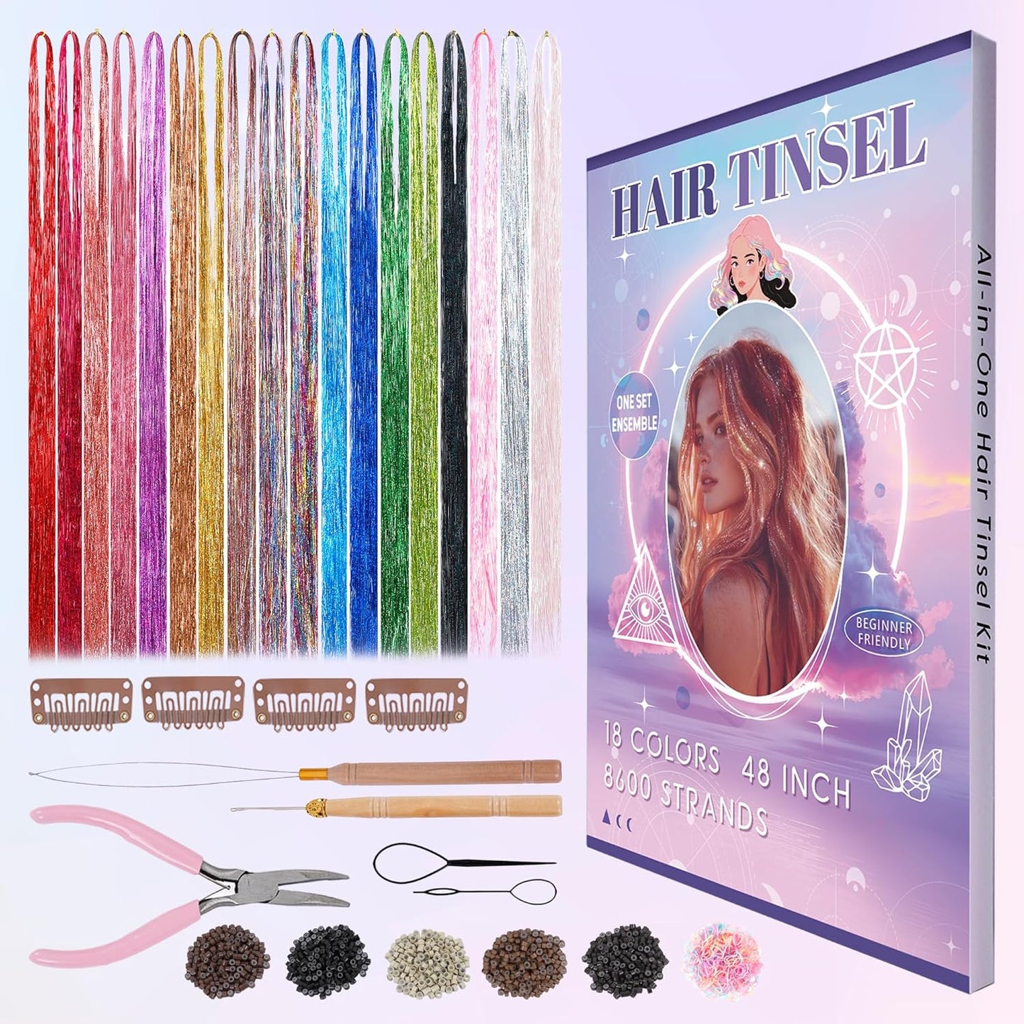 Hair Tinsel Kit - 18 Colors Sparkling Glitter Extensions for Girls | 8600 Strands for Festivals & Parties