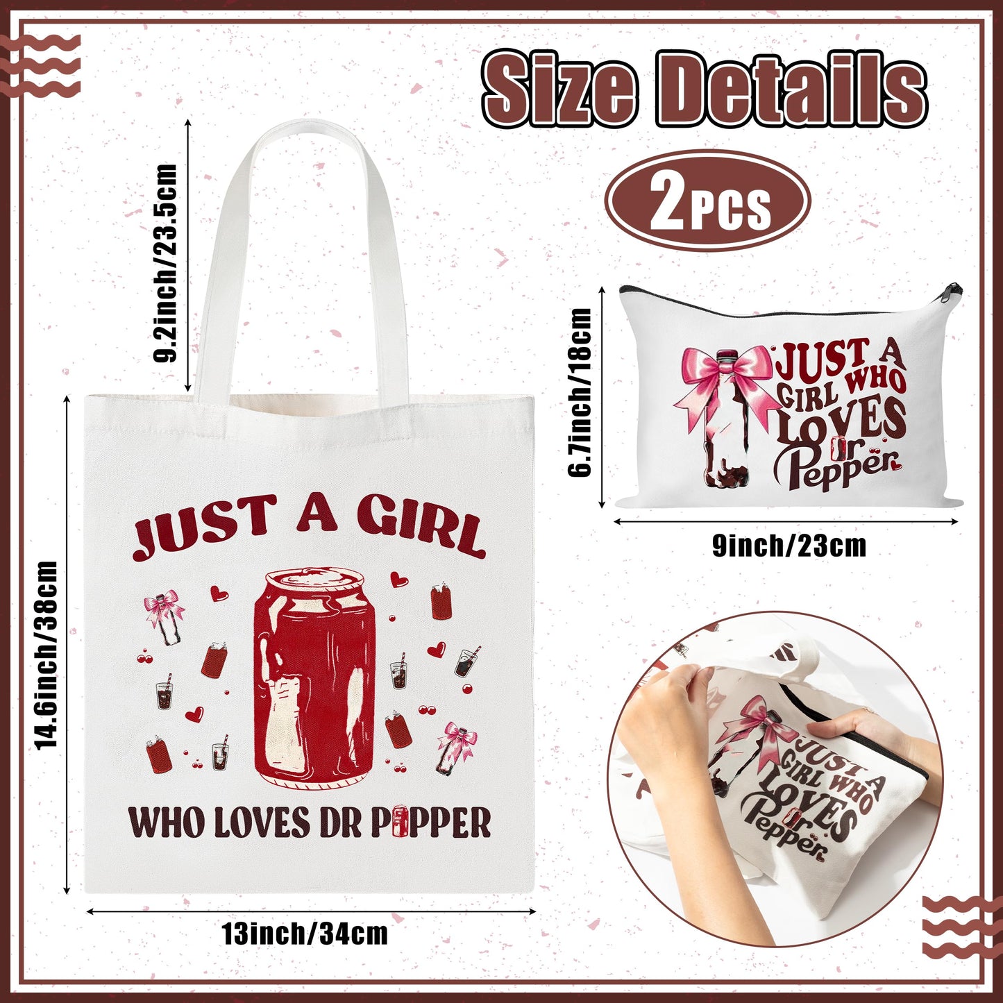 Jollaroo Drinks Lovers Canvas Bags - 2Pcs Soda Drinks Lover Gift Tote Bag Makeup Bag, Bring Me A Pepper And Tell Me I’m Pretty Handbag Cosmetic Pouch, Supply for Birthday Party Vodka Drinkers