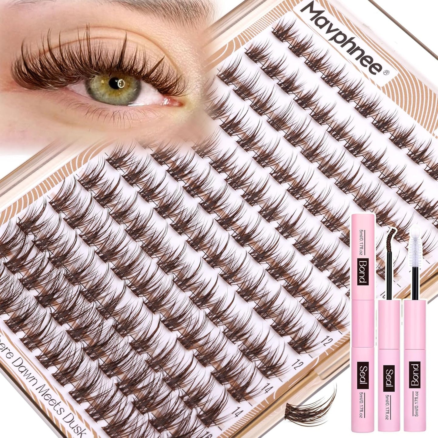 Anime Cluster Lashes - Brown Wispy Eyelash Extensions | C-Curly Spiky Manga DIY Pack (108 Pcs, 10-16MM)